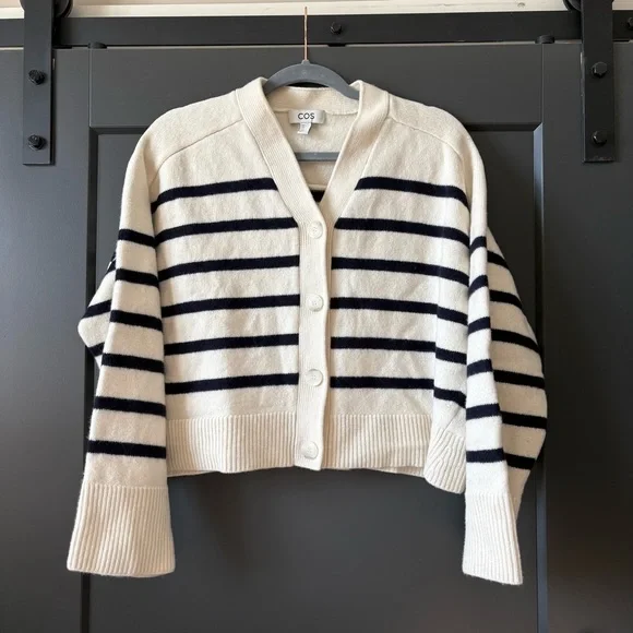 COS Women's Cardigan Sweater - Cream and Black Stripes - Picture 2 of 7